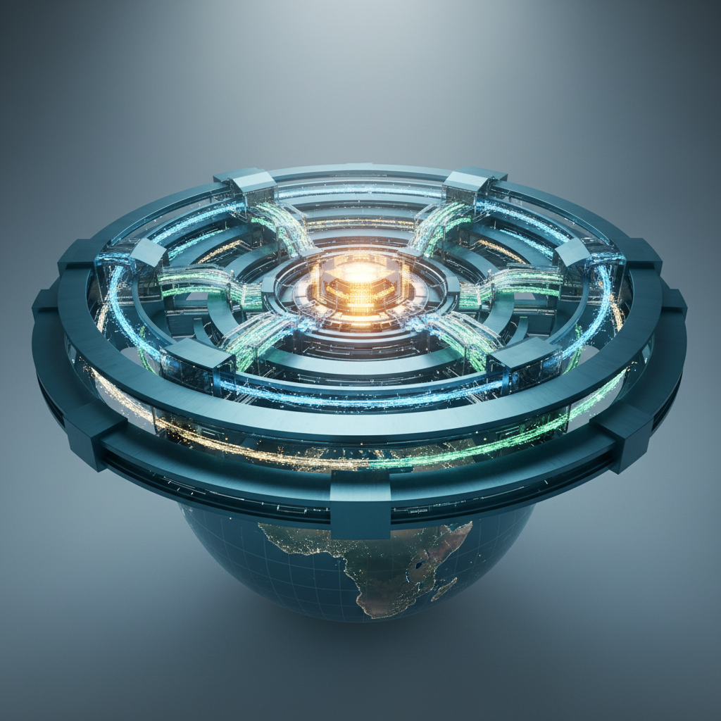 A sweeping digital-art landscape of an advanced circular innovation hub, with interlocking metallic rings forming a futuristic campus around a glowing central data core. Transparent conduits carry sparkling streams symbolizing water, energy, and materials looping endlessly through the structure. The hub rises from a stylized globe etched with subtle topographic lines, suggesting global impact. Cool teal and deep cobalt dominate the palette, accented by warm amber glows inside the core. Soft, diffused studio-style lighting gives gentle reflections on glass and brushed metal. Viewed from a slightly elevated, wide-angle perspective, the composition feels balanced and expansive, projecting a professional, visionary mood about digital innovation and resource efficiency without any human figures or text.