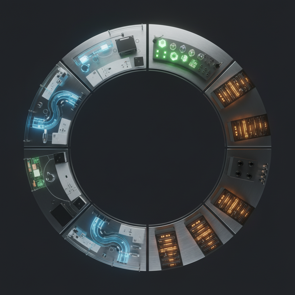 An elegant digital-art visualization of an experimental circular lab, arranged as a perfect ring on a deep charcoal background. Along the ring, small, distinct segments represent research stations: a micro-scale water purification module with transparent channels, a materials characterization bench with crystalline samples, and a simulation cluster depicted as stacked, glowing servers. Each segment emits its own subtle hue, blending into a harmonious color wheel of blues, greens, and warm ambers. Soft, overhead studio lighting enhances the clean metallic textures and glass details, while the central void remains dark and contemplative. The composition is symmetrical and minimal, shot from a perfectly top-down perspective, conveying precision, rigor, and integrated research without any human figures or text.