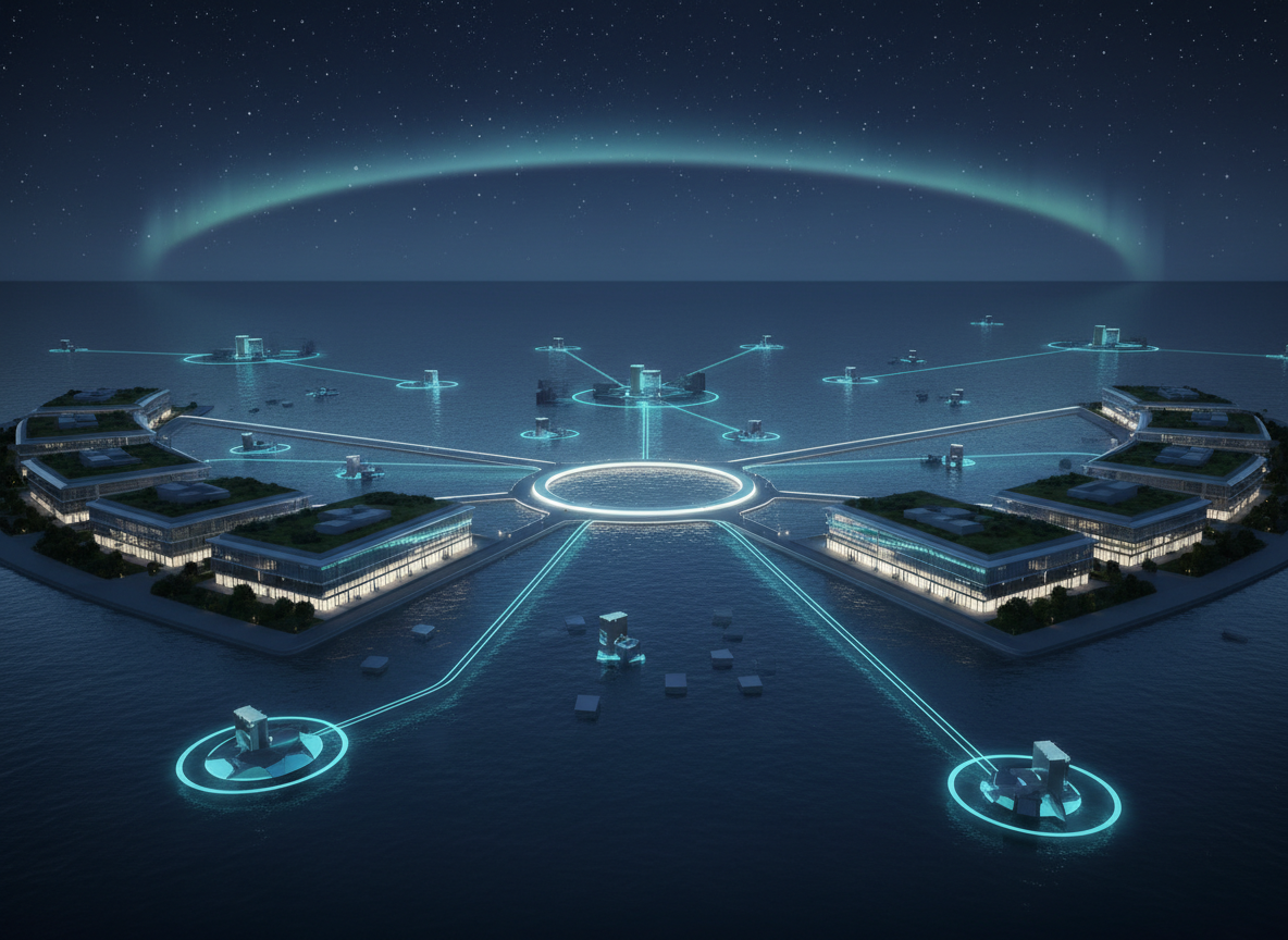 A tranquil digital-art night scene of a coastal smart city with water treatment and renewable energy devices emitting soft cyan halos, feeding light streams back into the city grid.