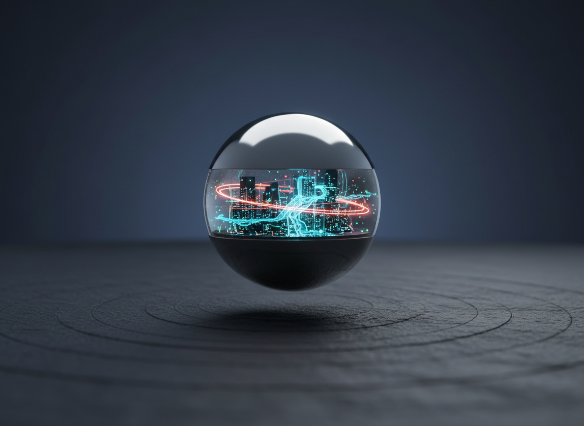 A close-up digital-art visualization of a single, polished metal sphere hovering above a textured, slate-gray platform etched with a subtle circular pattern. Within the sphere, tiny, intricate layers depict a miniature ecosystem of technology: micro-circuits, abstract water channels, and tiny material loops made of glowing lines. Soft, directional studio lighting from the upper left creates sharp, elegant highlights on the sphere and long, clean shadows behind it. The background fades into a smooth gradient of deep navy to charcoal, keeping the focus on the object. Framed with a centered, minimal composition and a shallow depth of field, the image feels precise, conceptual, and professional, symbolizing the convergence of science, sustainability, and digital innovation in a single, iconic form.
