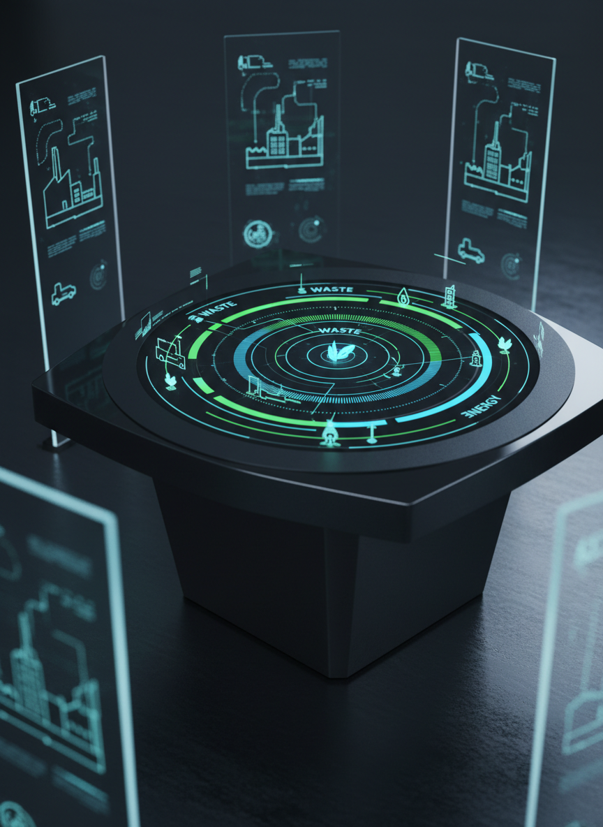 A high-detail digital-art scene of an intelligent control table made of matte black composite, its surface transformed into a glowing circular dashboard. Animated concentric rings visualize waste, water, and energy flows, with tiny luminous icons orbiting to represent sensors and connected systems. Around the table, transparent vertical panels show abstract city silhouettes and industrial facilities rendered as minimal, geometric forms. Cool blue and green light from the interfaces softly illuminates the dark surroundings, creating crisp reflections on the table’s edge. The atmosphere is focused and analytical, with a clean, professional aesthetic. Shot from an eye-level, three-quarter angle with a shallow depth of field, the central dashboard remains in sharp focus, emphasizing data-driven circularity and technology-enabled decision-making.