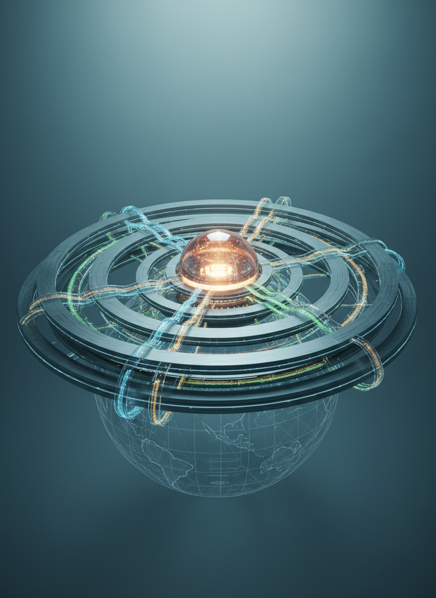 A sweeping digital-art landscape of an advanced circular innovation hub, with interlocking metallic rings forming a futuristic campus around a glowing central data core. Transparent conduits carry sparkling streams symbolizing water, energy, and materials looping endlessly through the structure. The hub rises from a stylized globe etched with subtle topographic lines, suggesting global impact. Cool teal and deep cobalt dominate the palette, accented by warm amber glows inside the core. Soft, diffused studio-style lighting gives gentle reflections on glass and brushed metal. Viewed from a slightly elevated, wide-angle perspective, the composition feels balanced and expansive, projecting a professional, visionary mood about digital innovation and resource efficiency without any human figures or text.