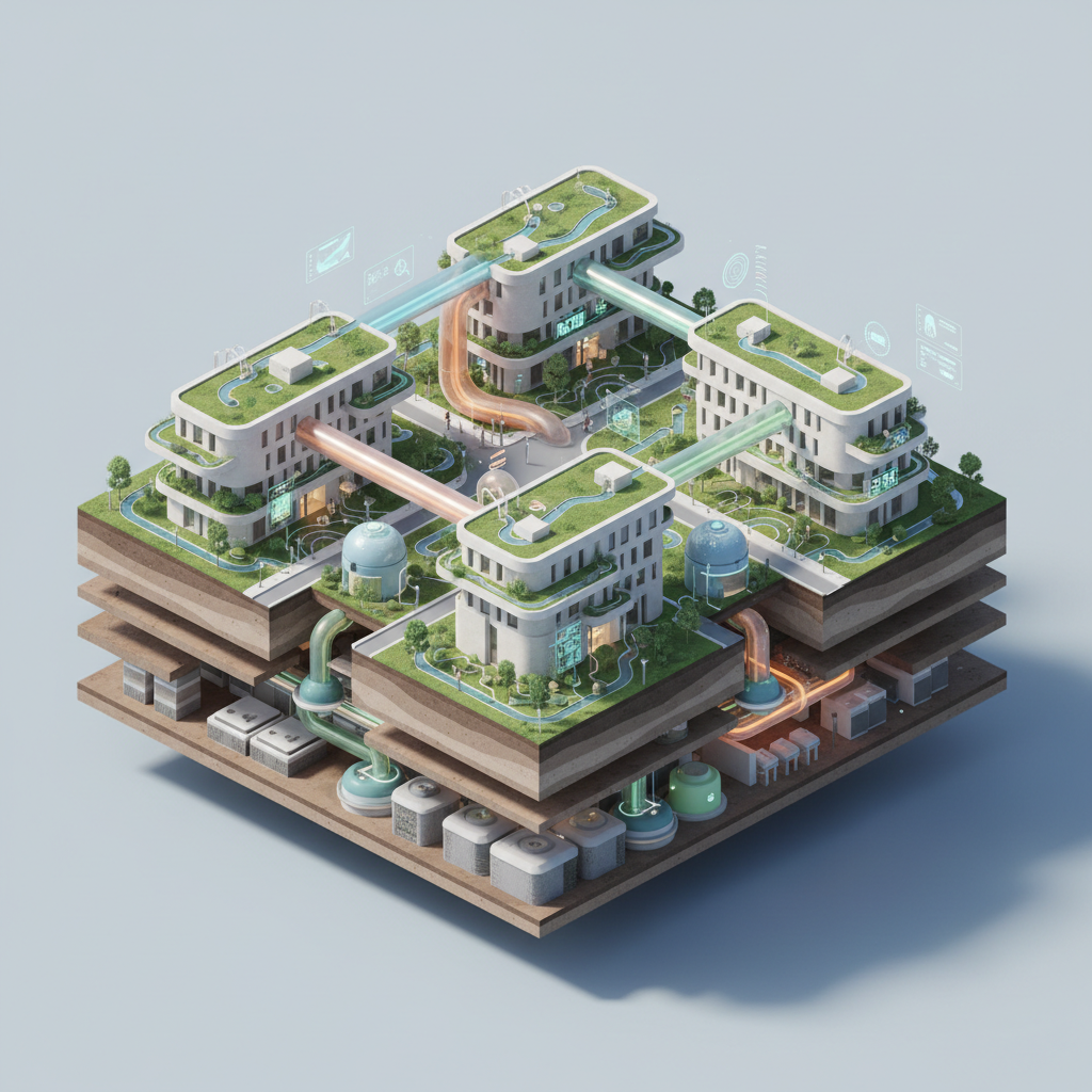 A richly detailed digital-art cutaway of an urban district designed for circular resource flows, with glowing streams representing reclaimed water, reused heat, and recovered materials.