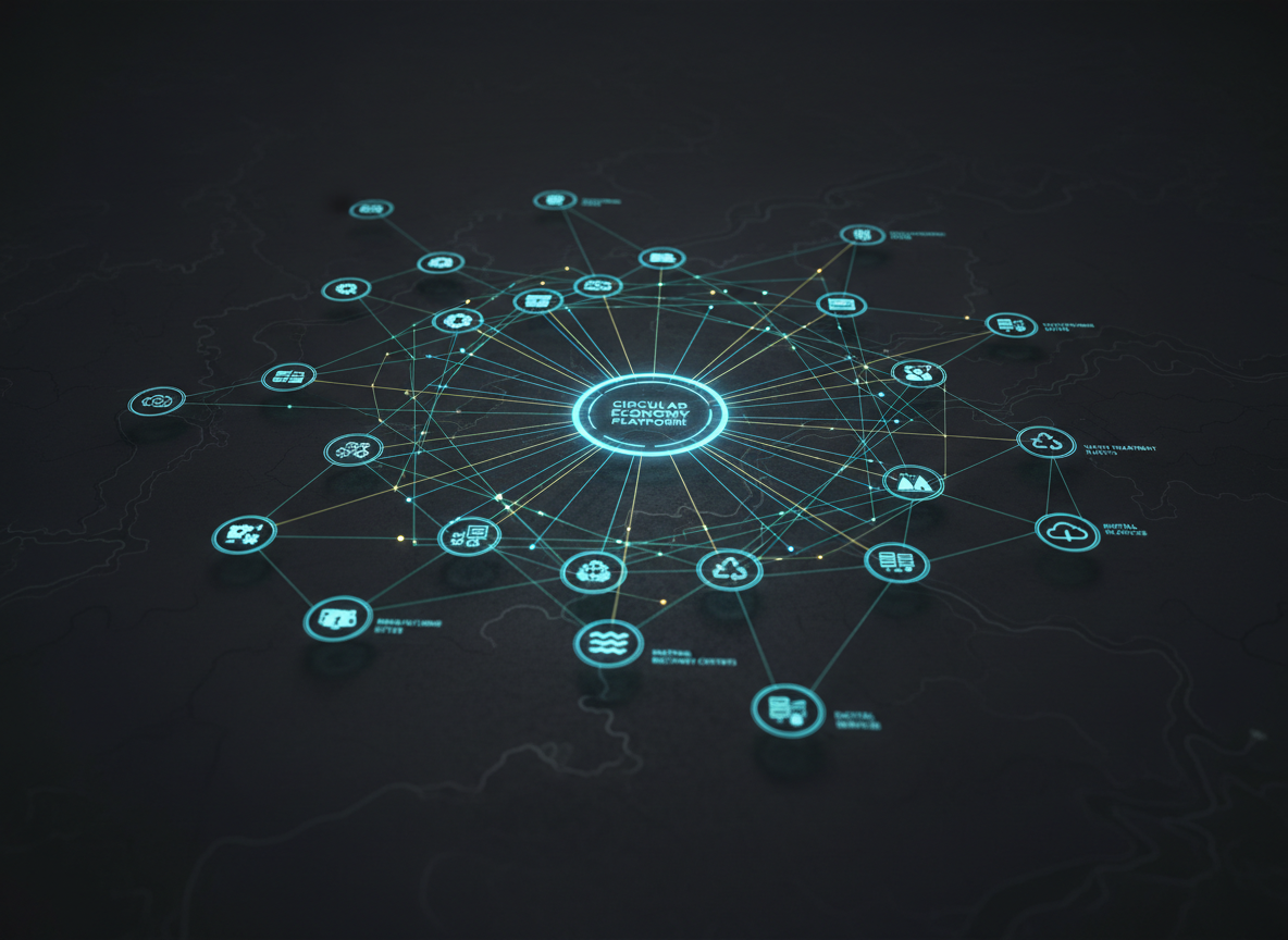 A complex digital-art network map with a bright circular node representing a circular economy platform, connecting to icons for manufacturing, water treatment, material recovery, and digital services.