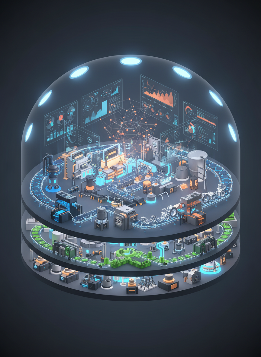 An intricate digital-art cross-section of a circular factory floor representing water and environmental technology