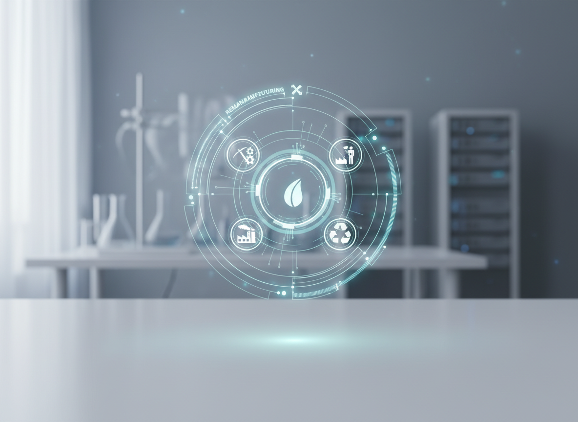 A vivid digital-art interface showing a circular lifecycle map of a product rendered as nested rings with icons for extraction, manufacturing, use, recovery, and remanufacturing.
